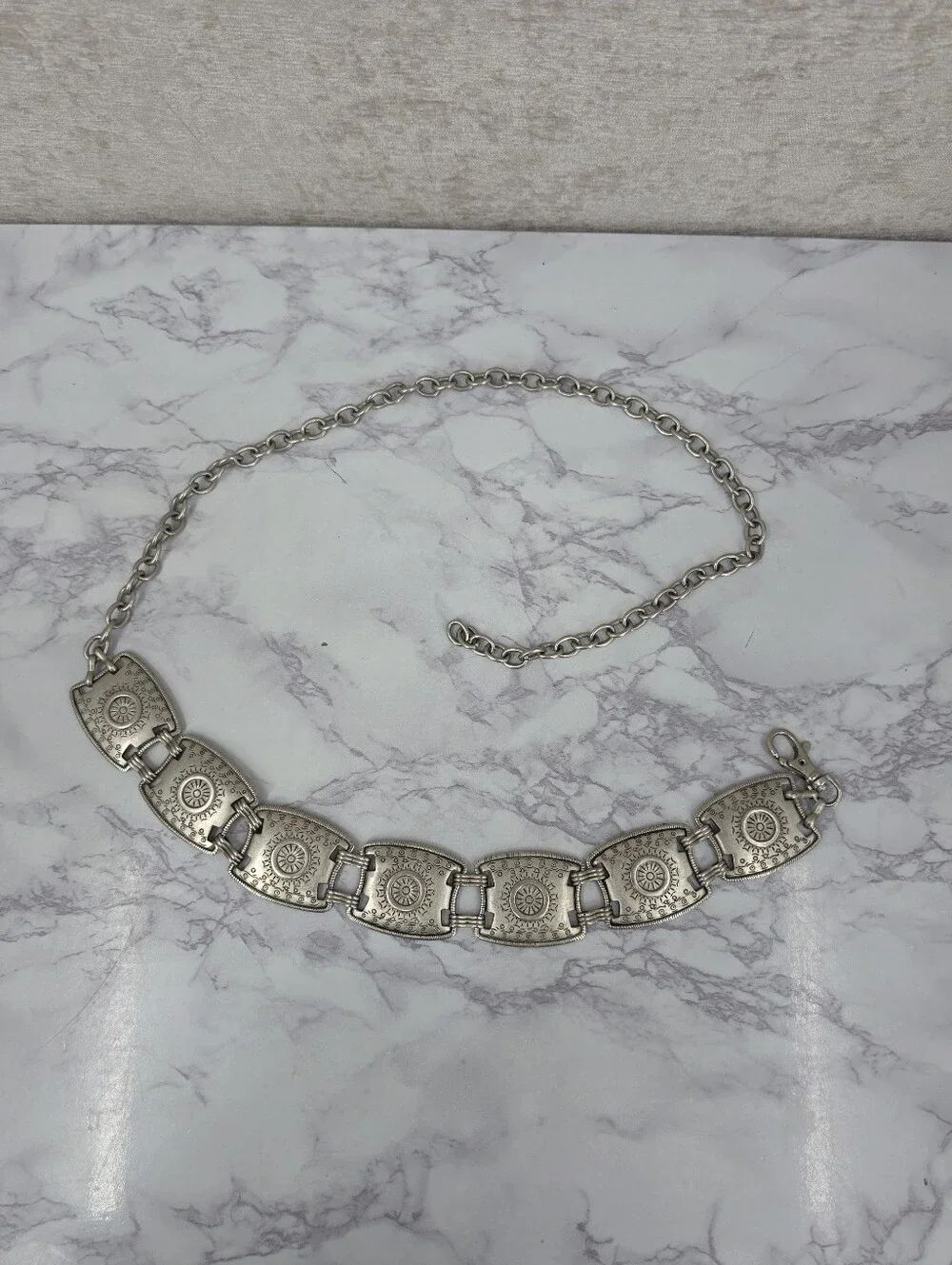 Vintage Rectangle Aztec Pattern Concho Chain Link Western Belt Silver Toned
